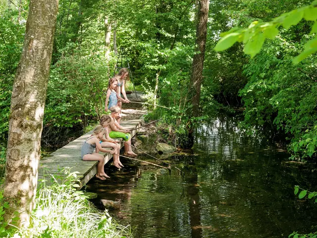 Kinder beim Angeln am Ferienparadies Huberhof in Tittmoning Oberbayern