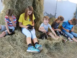 Mit den Kleintieren auf dem Kinderbauernhof im Heu kuscheln